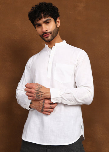 Fabmade Pure Ivory Linen Short Kurta