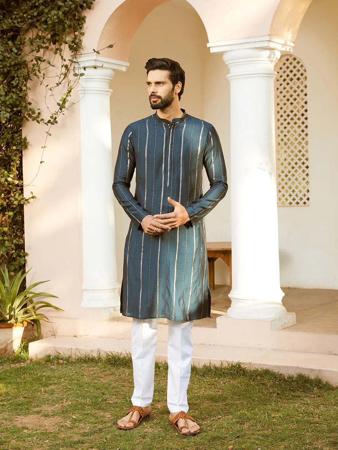 Embroidered Regular Sequinned Chanderi Silk Kurta - Fabmade