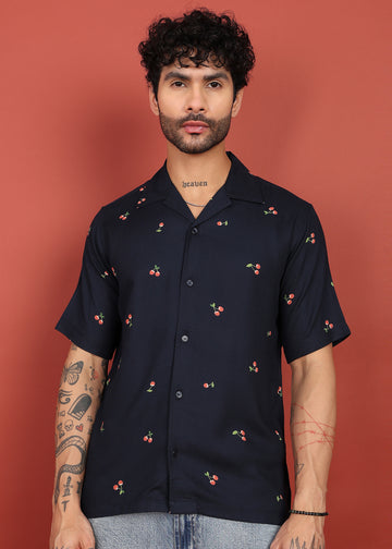 Midnight Cherry Printed Cuban Collar Shirt