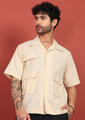 Men’s Cream Shirt with 3 Pockets – Relaxed Fit
