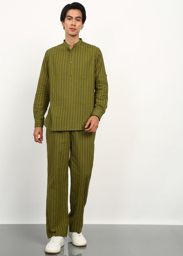 Fabmade Olive Stripe Linen Kurta Set