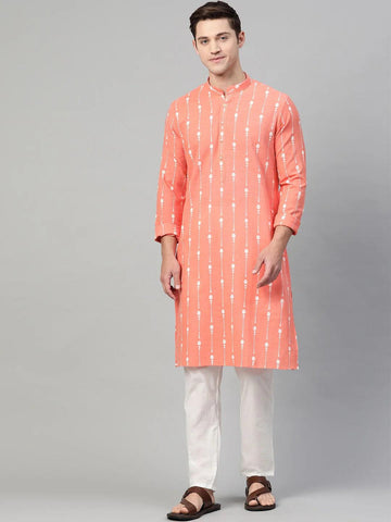 Peach & White Printed Straight Kurta with Pyjama for Men - Fabmade