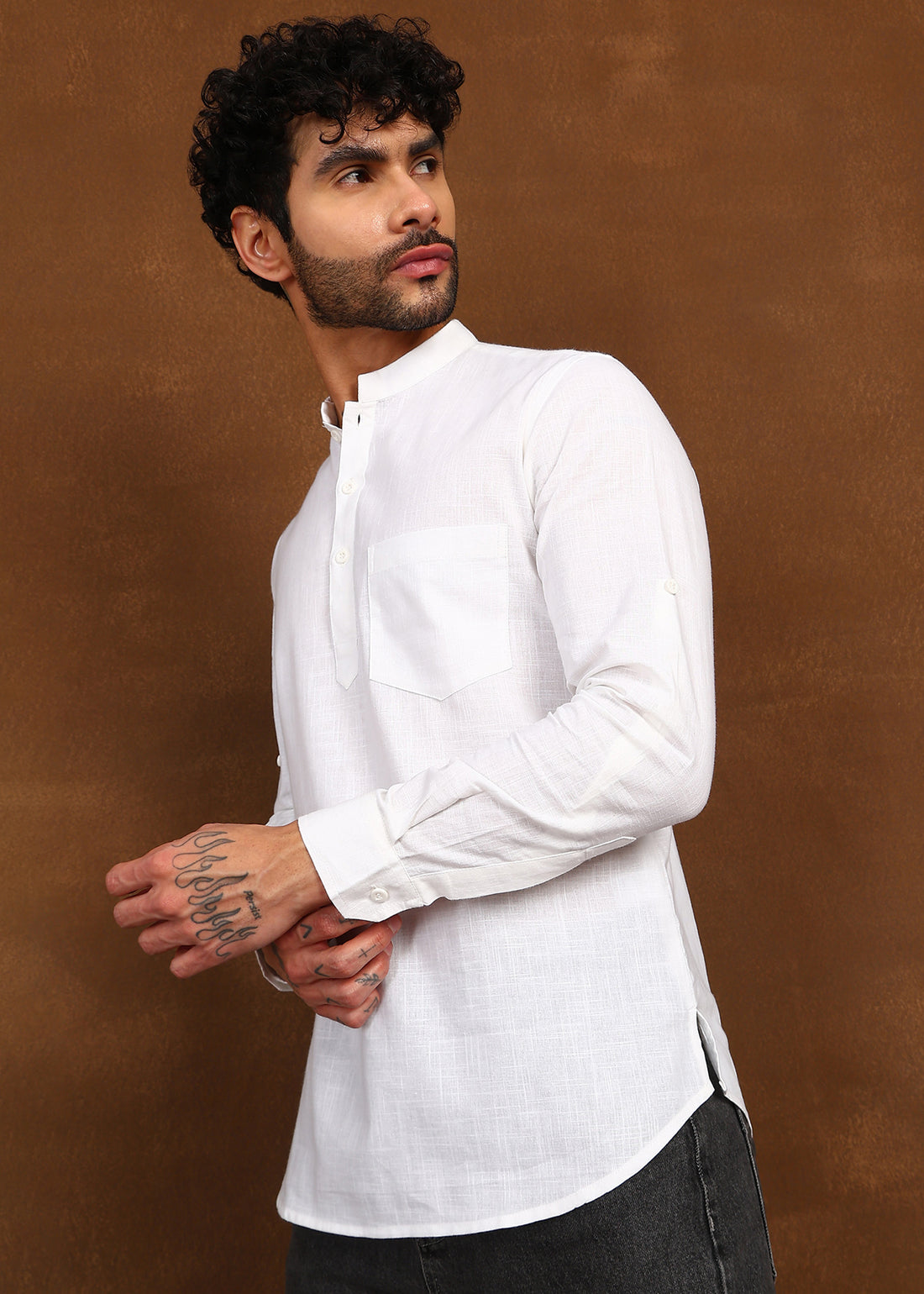 Fabmade Pure Ivory Linen Short Kurta