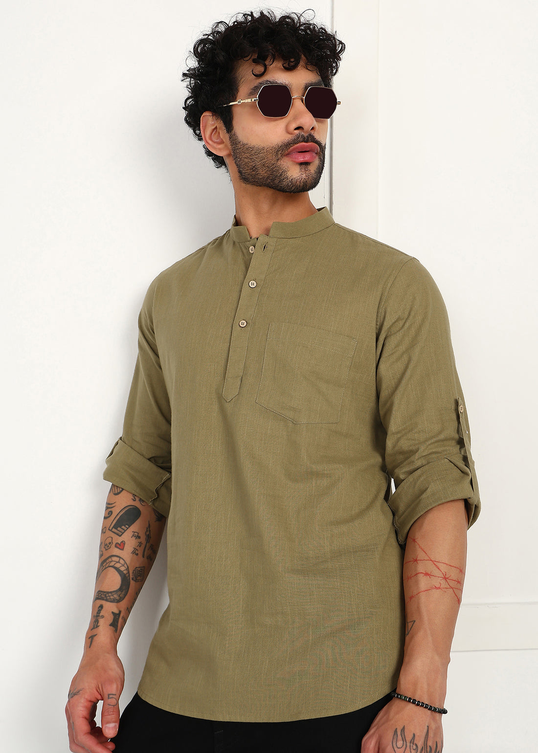 Fabmade Olive Root Linen Short Kurta