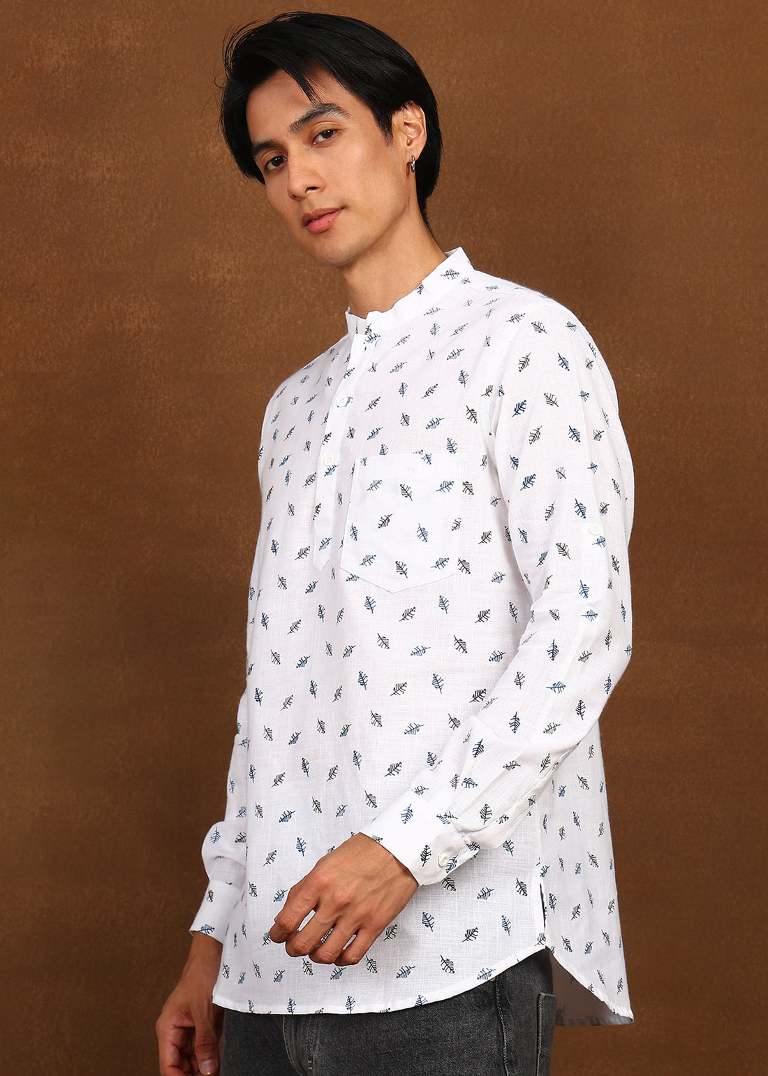 Fabmade Ivory Leaf Linen Kurta