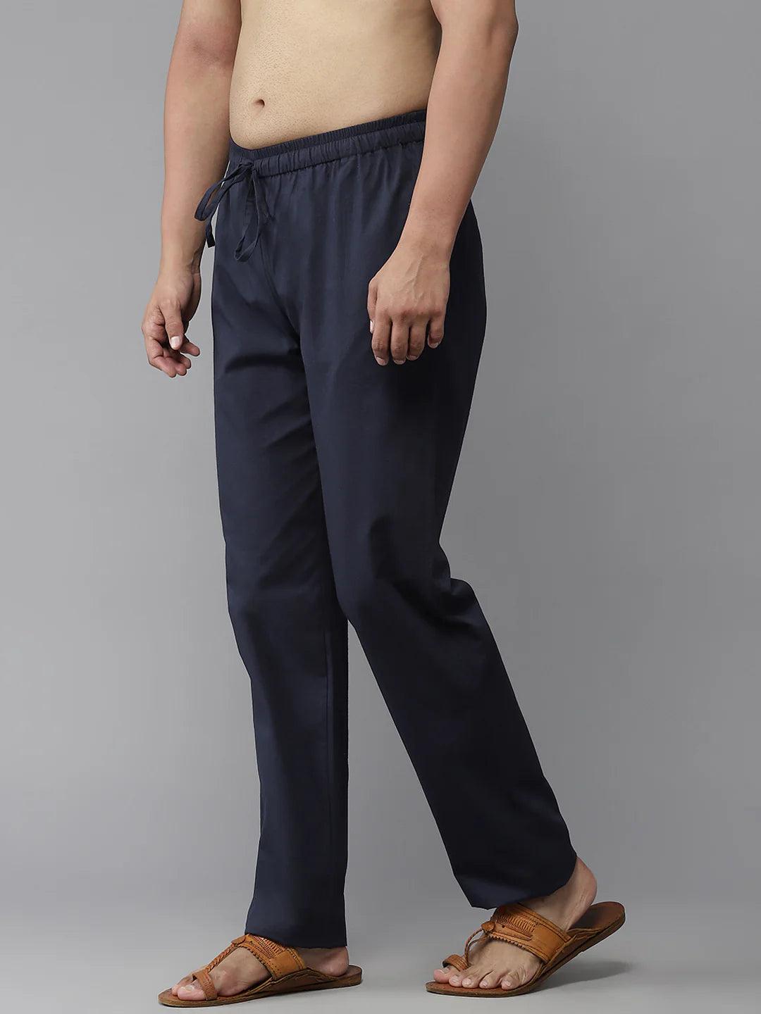 Men's  Navy Blue Cotton Linen Pyjama - Fabmade