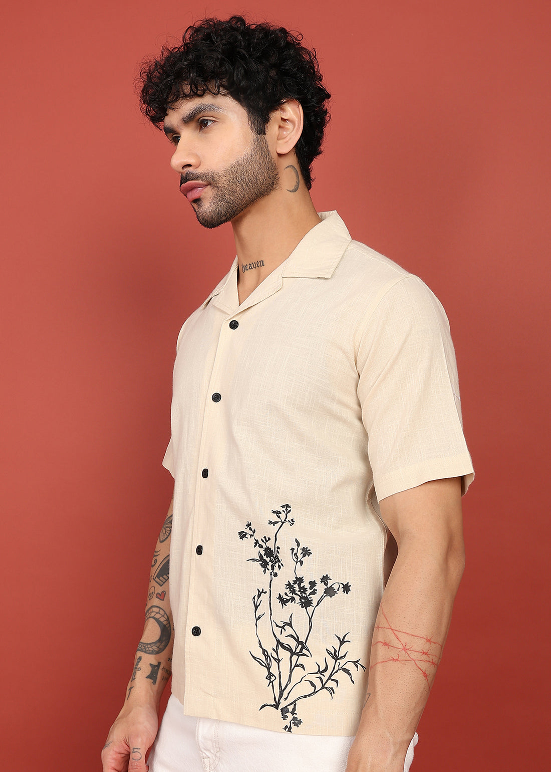 Beige Bloom Embroidered Resort Shirt
