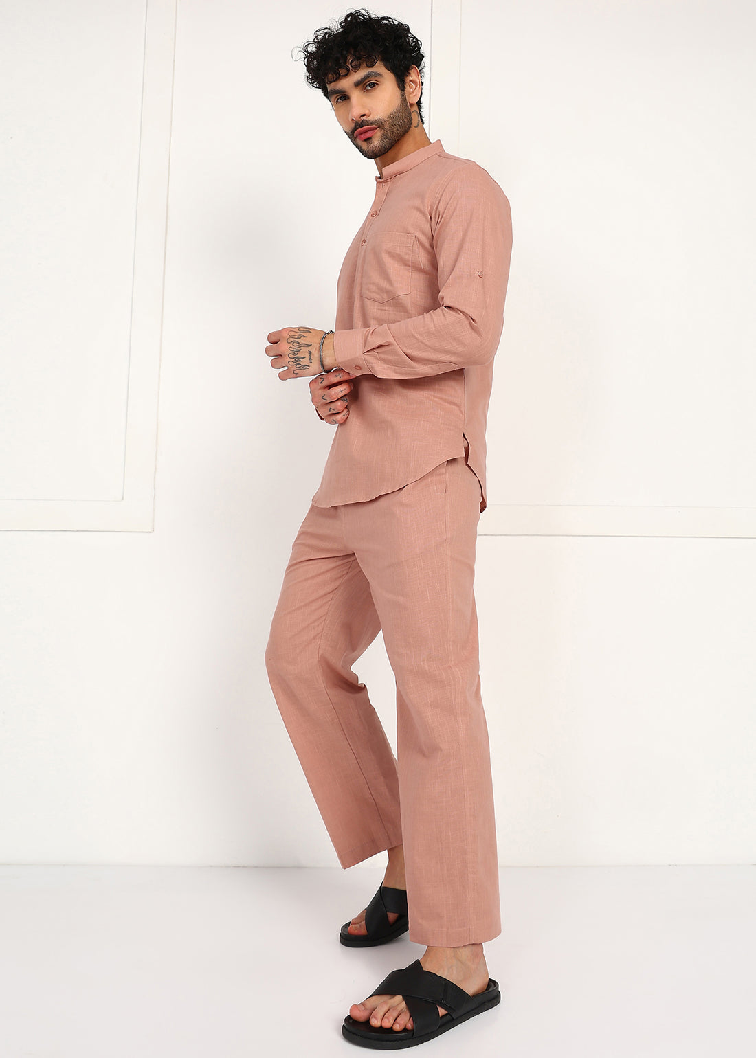 Men’s Peach Linen Short Kurta Set