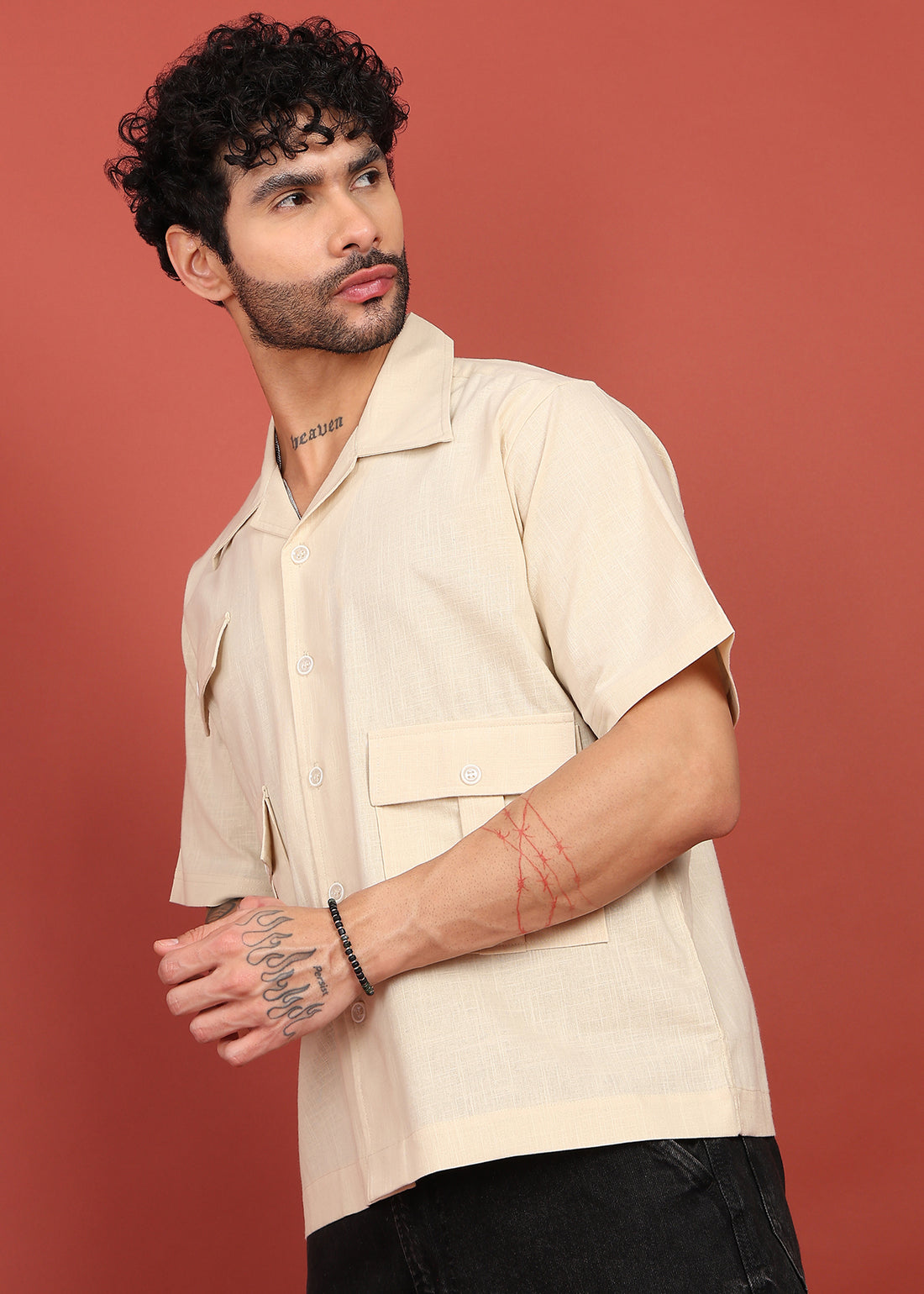 Men’s Cream Shirt with 3 Pockets – Relaxed Fit