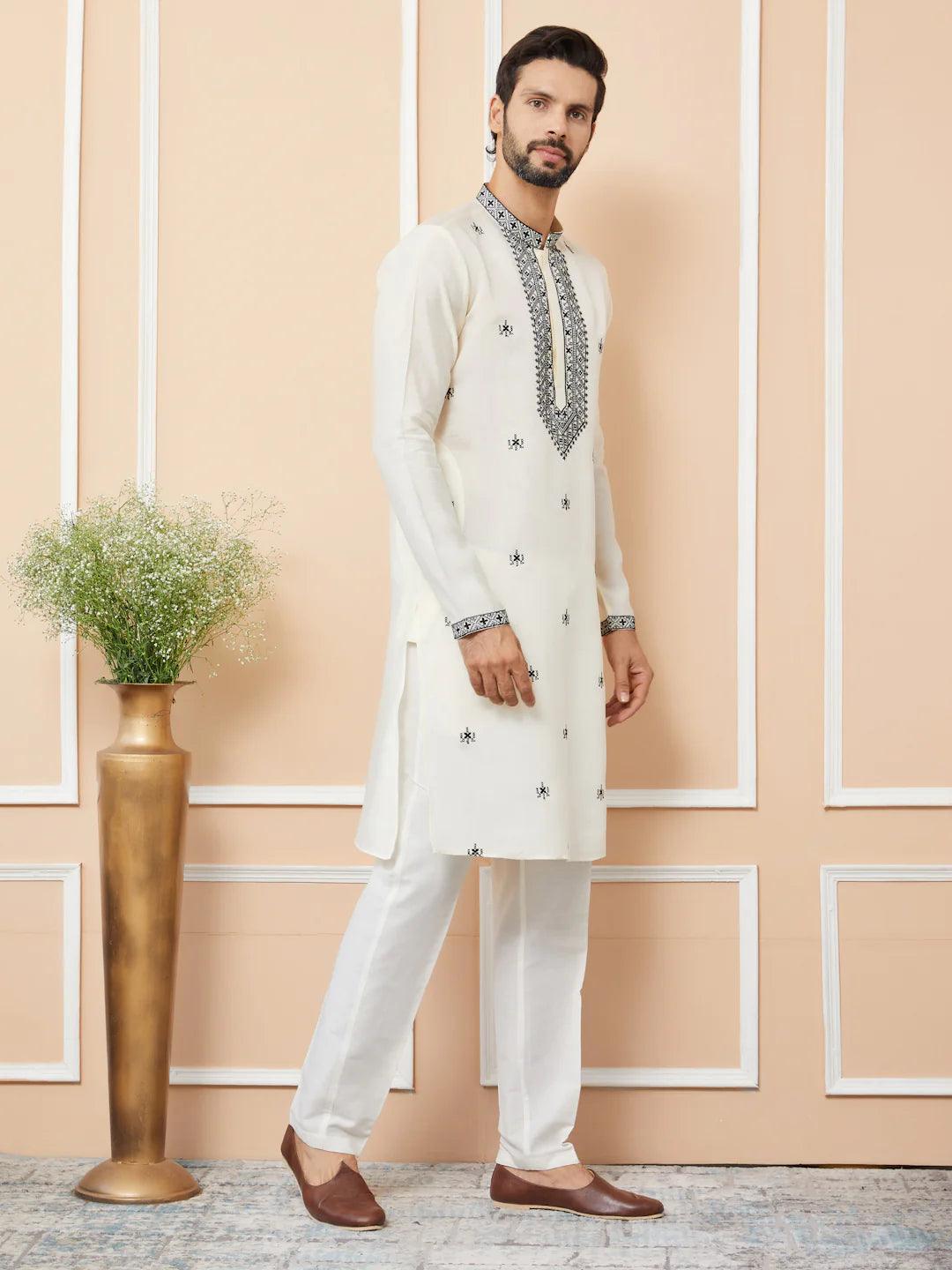 Cream Embroidered Chanderi Silk Straight Kurta - Fabmade
