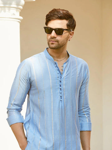 Embroidered Regular Sequinned Chanderi Silk Kurta with Pyjamas - Fabmade