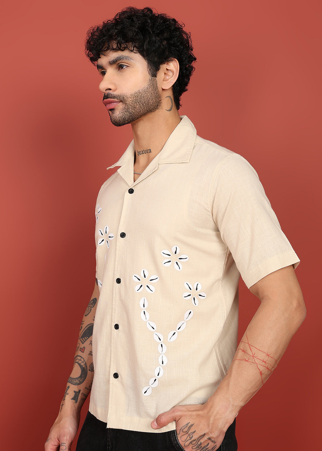 Men’s Beige Linen Embroidered Resort Shirt