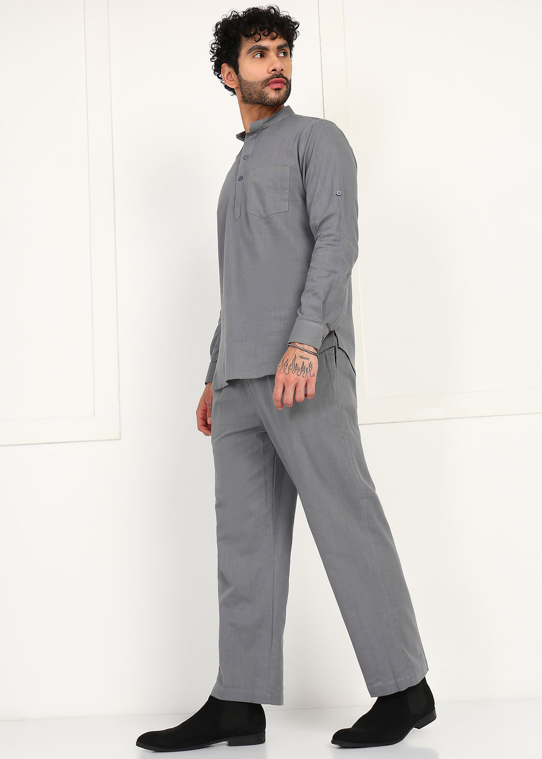 Fabmade Slate Grey Linen Short Kurta Co-Ord Set