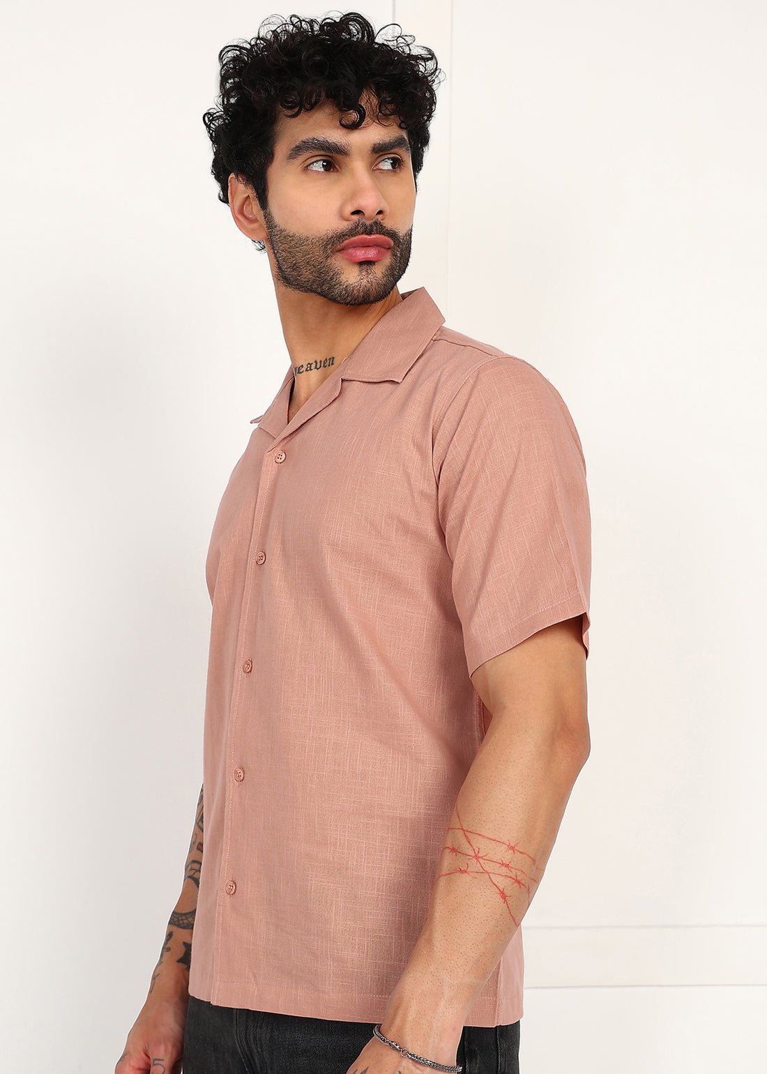 Men’s Peach Linen Short-Sleeve Shirt