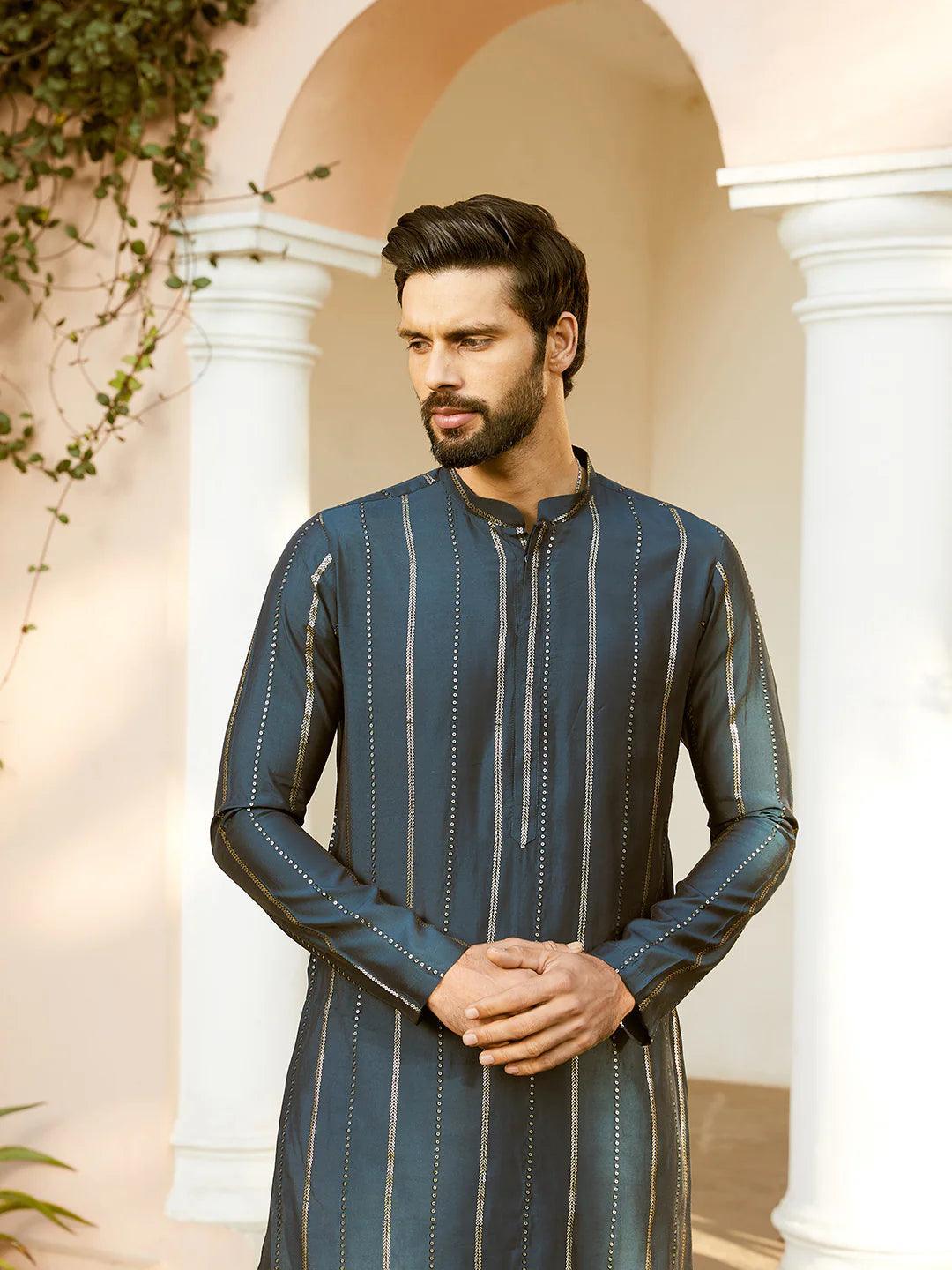 Embroidered Regular Sequinned Chanderi Silk Kurta - Fabmade