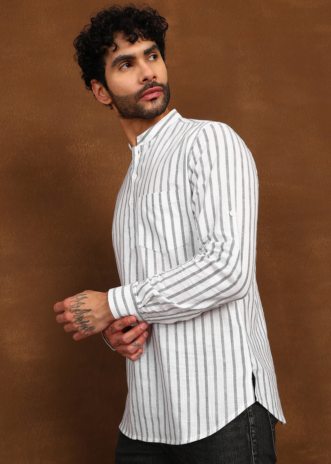 Fabmade Driftline Stripe Linen Short Kurta