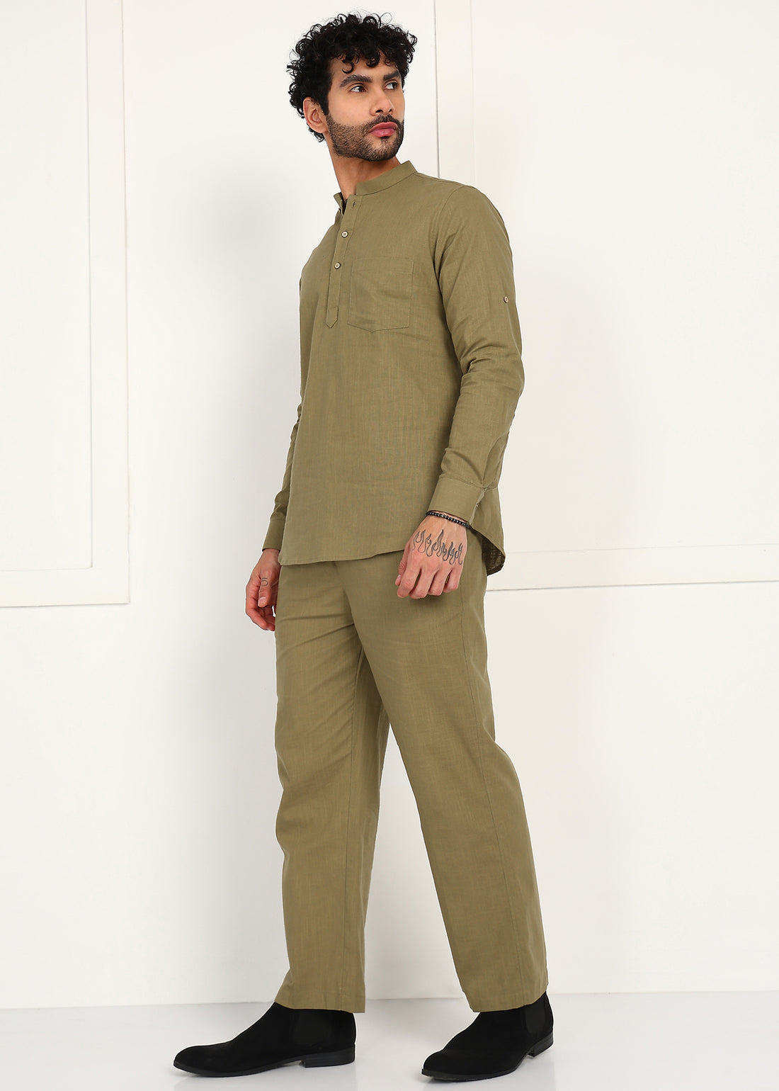 Fabmade Olive Dune Linen Short Kurta Co-Ord Set