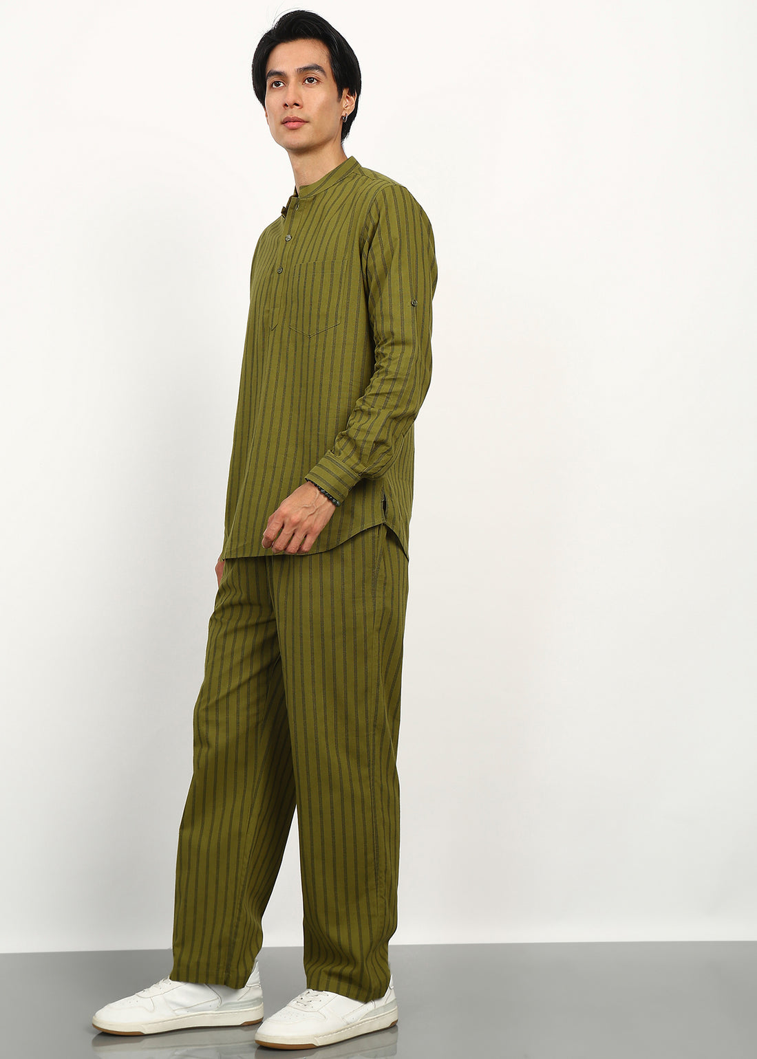 Fabmade Olive Stripe Linen Kurta Set