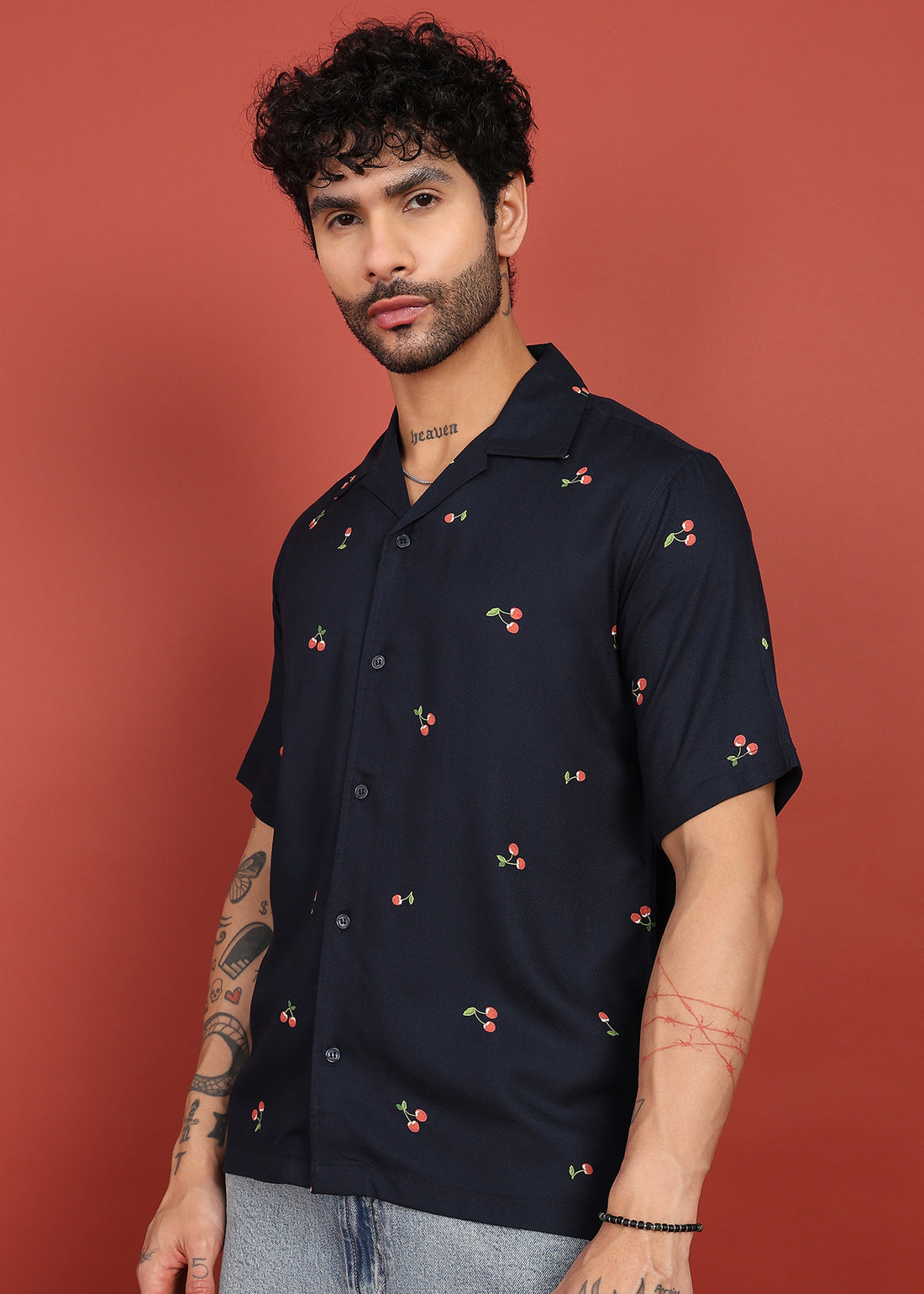 Midnight Cherry Printed Cuban Collar Shirt