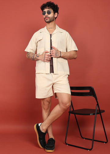 Men Beige Cotton Linen Coort-Set Shorts