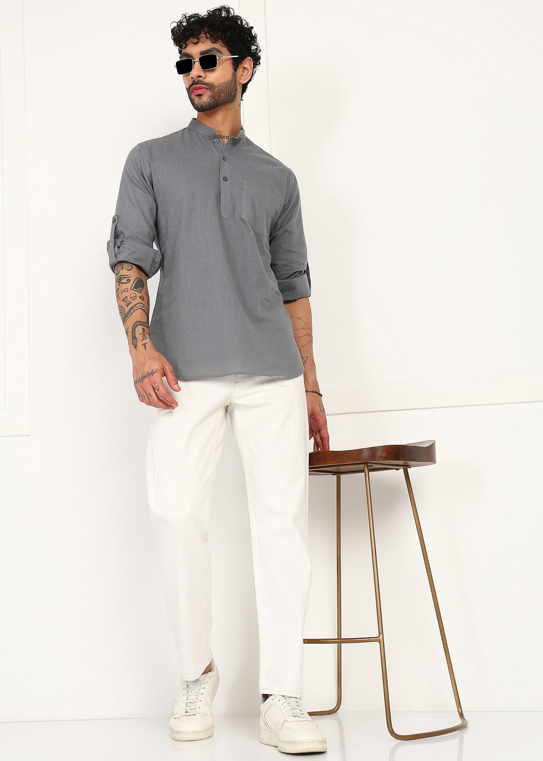 Fabmade Ash Grey Linen Short Kurta