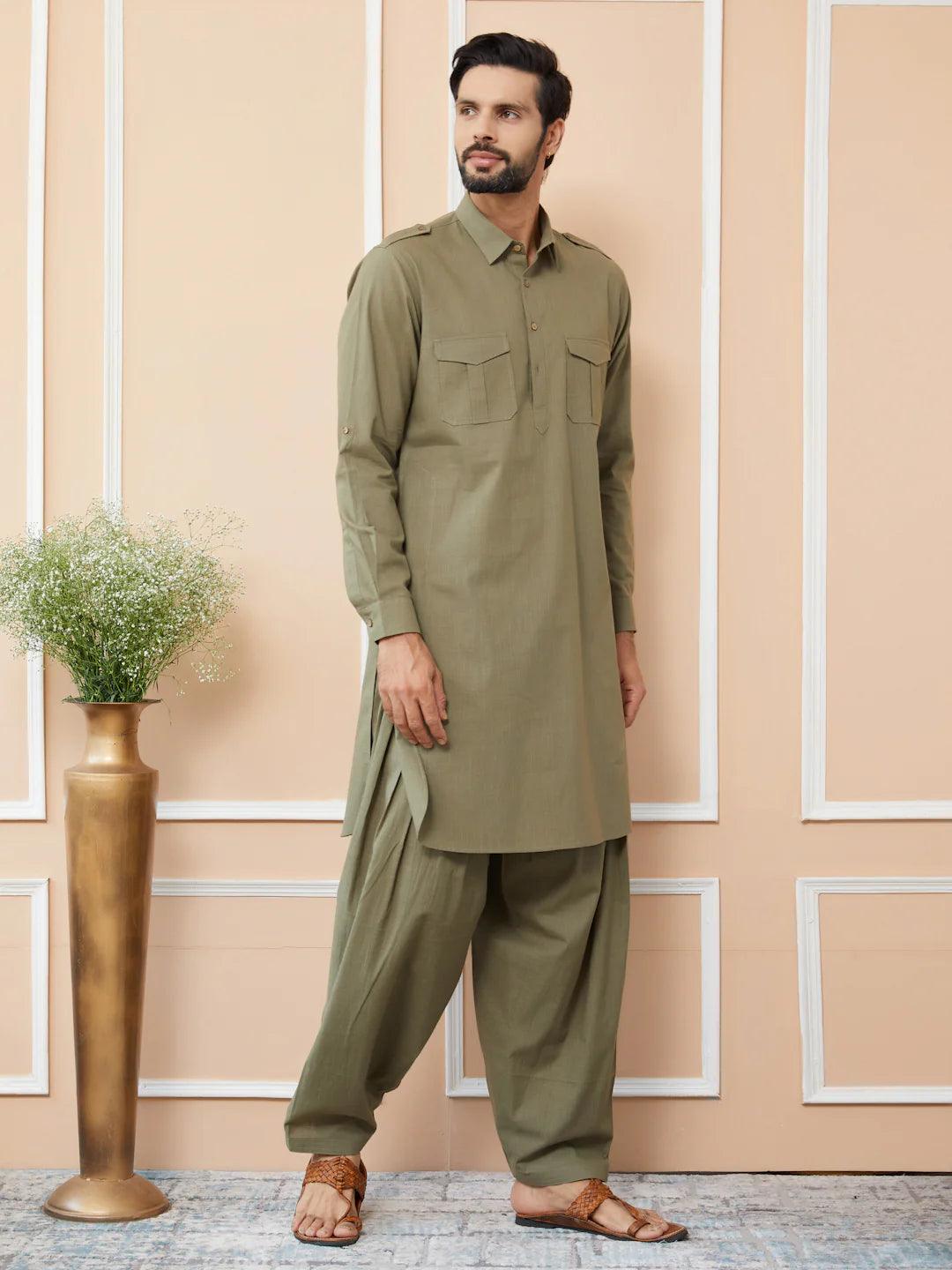 FM - Olive Cotton Linen Pathani kurta with Salwar - Fabmade