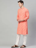 Peach & White Printed Straight Kurta Pyjama - Fabmade