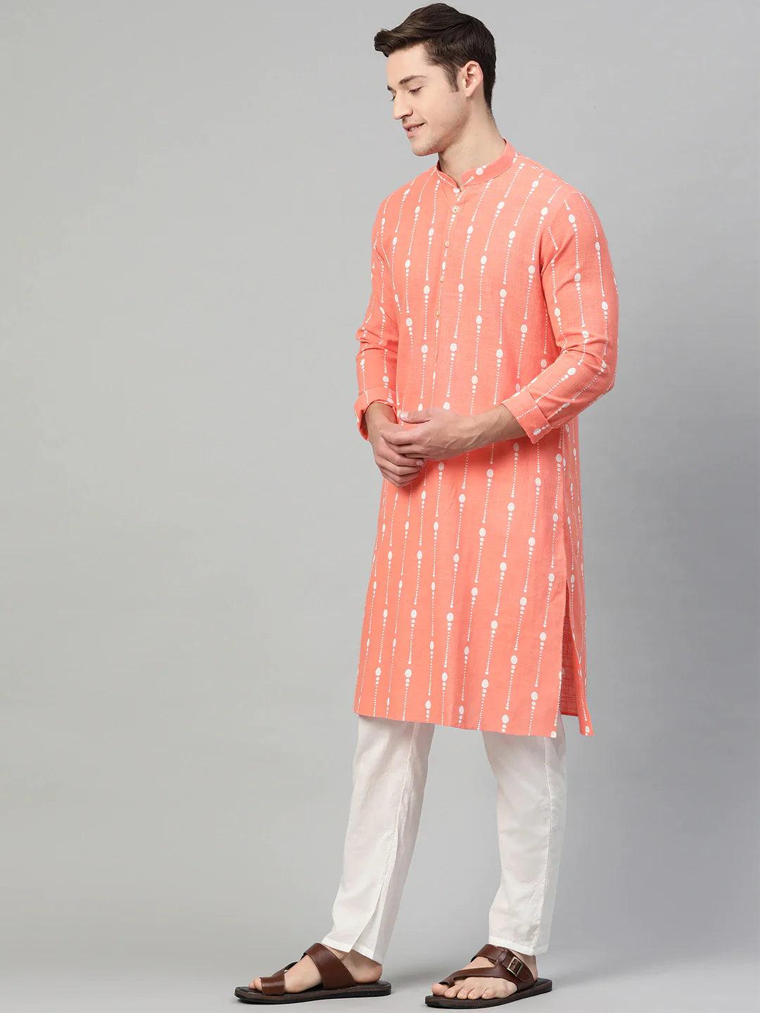 Peach & White Printed Straight Kurta with Pyjama for Men - Fabmade