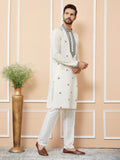 Cream Embroidered Chanderi Silk Straight Kurta Pajama - Fabmade