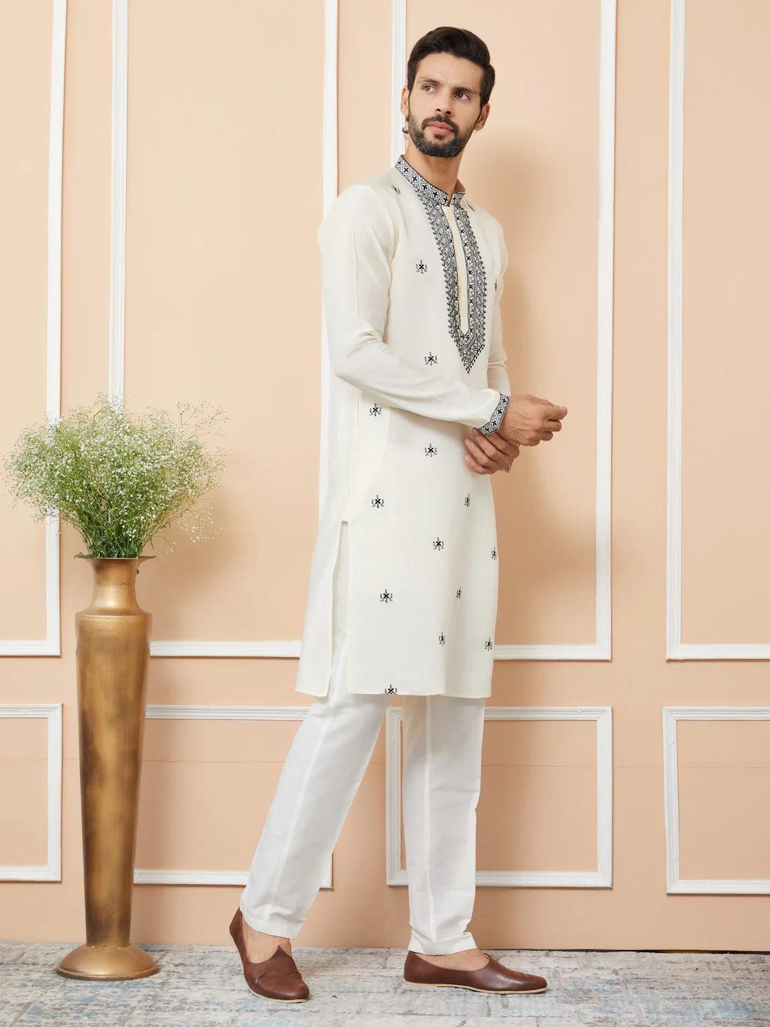 Cream Embroidered Chanderi Silk Straight Kurta Pajama - Fabmade