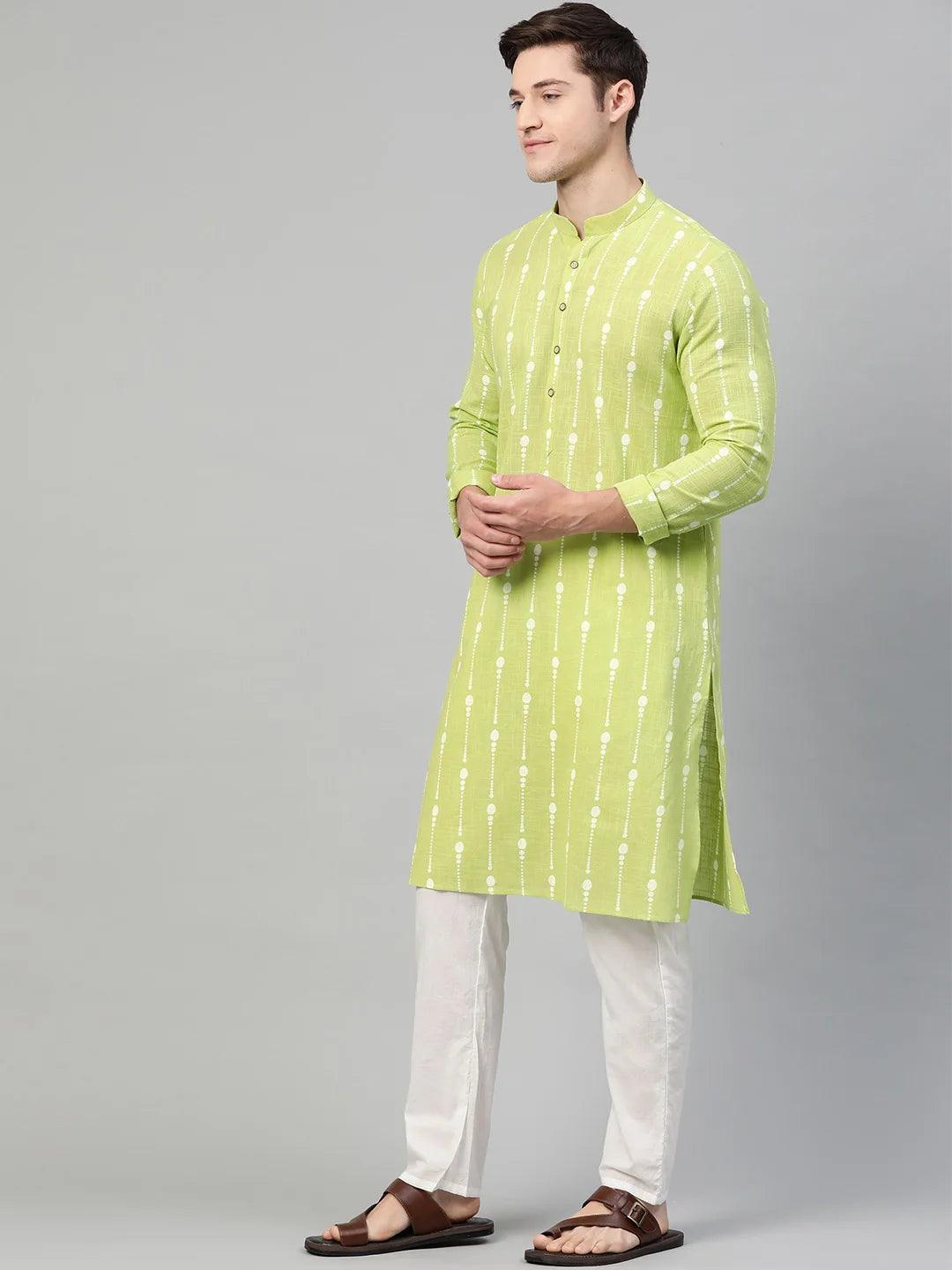 Lime Green and white printed straight kurta - Fabmade