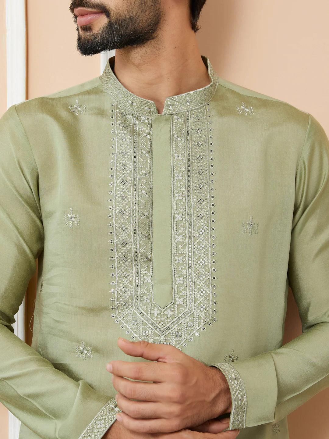 Olive Embroidered Chanderi Silk Straight Kurta Pyjama - Fabmade