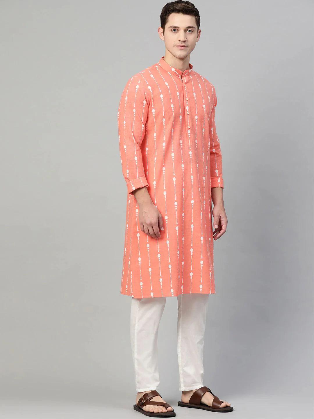 Peach & White Printed Straight Kurta with Pyjama for Men - Fabmade