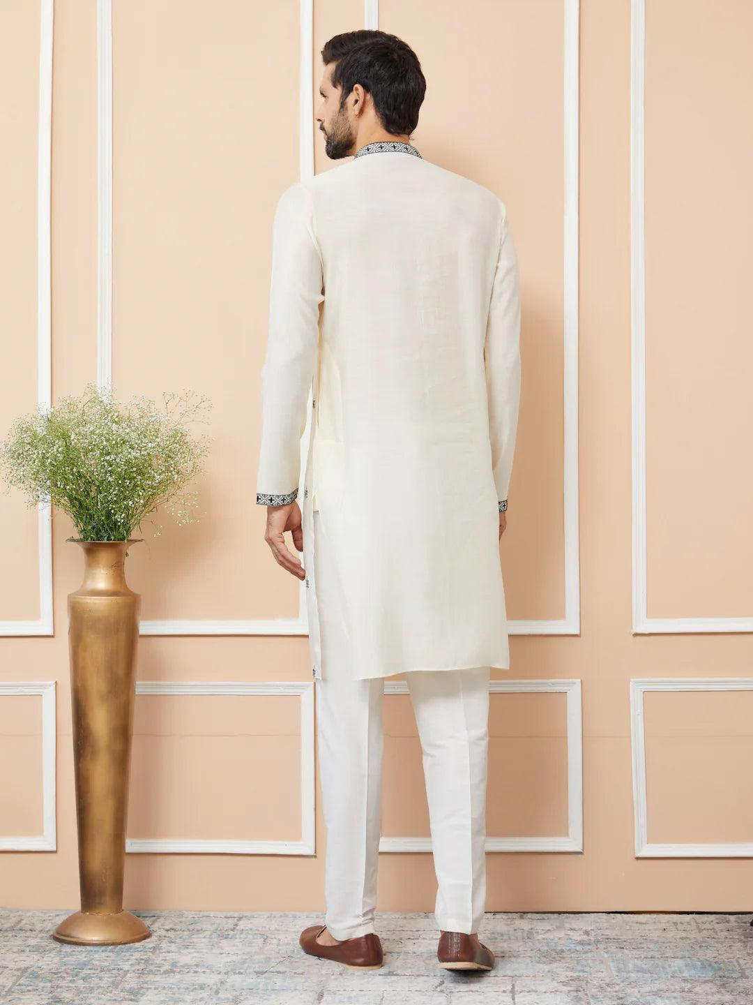 Cream Embroidered Chanderi Silk Straight Kurta Pajama - Fabmade