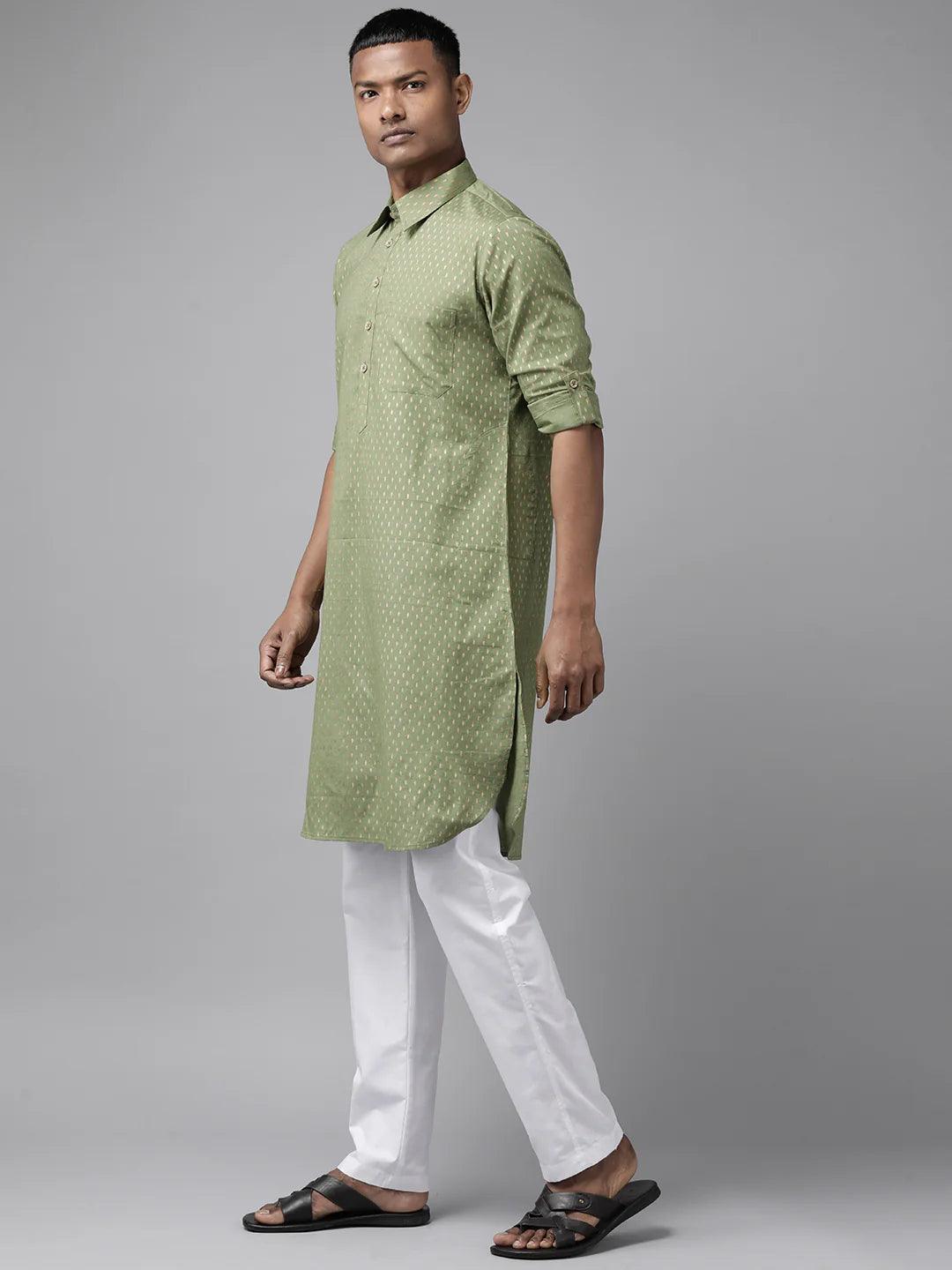 Pure Cotton Olive Green Printed Pathani Kurta Pyjama (Copy) - Fabmade