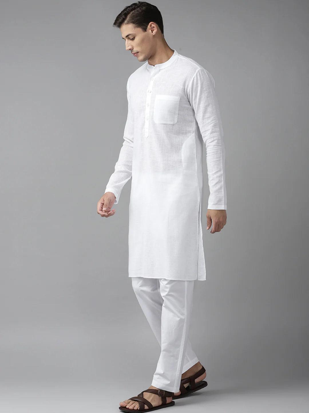 FM-Men White Cotton Linen kurta Pyjama - Fabmade