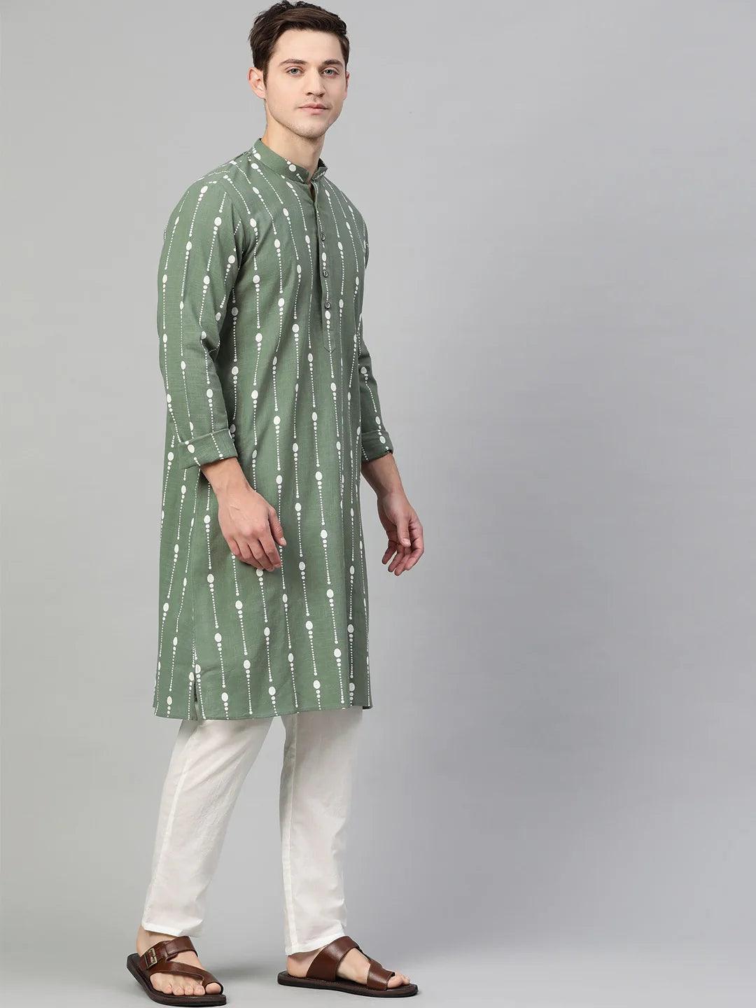 green and white printed straight kurta pyjama - Fabmade
