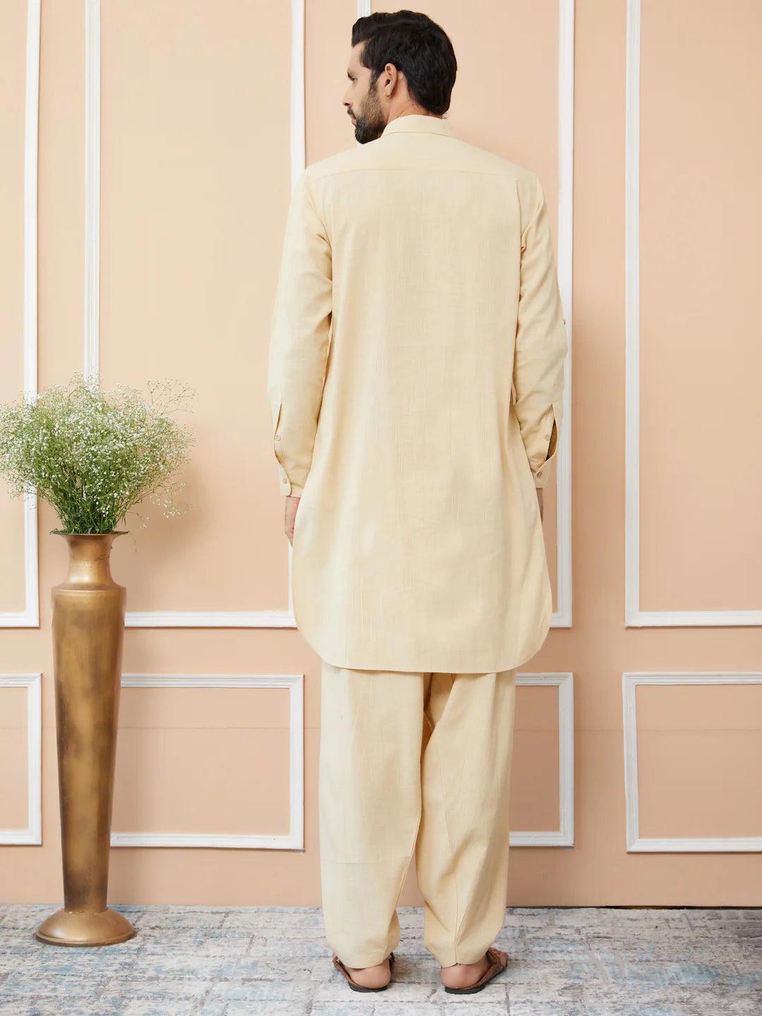 FM - Beige Cotton Linen Pathani kurta with Salwar - Fabmade