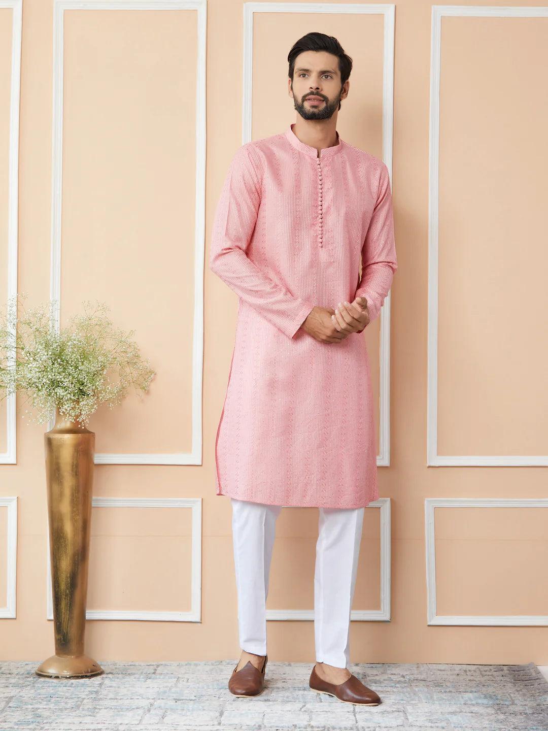 Pink Chanderi Silk Kurta Pyjama - Fabmade