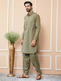 FM - Olive Cotton Linen Pathani kurta with Salwar - Fabmade