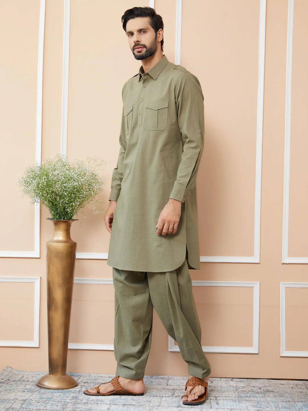 FM - Olive Cotton Linen Pathani kurta with Salwar - Fabmade