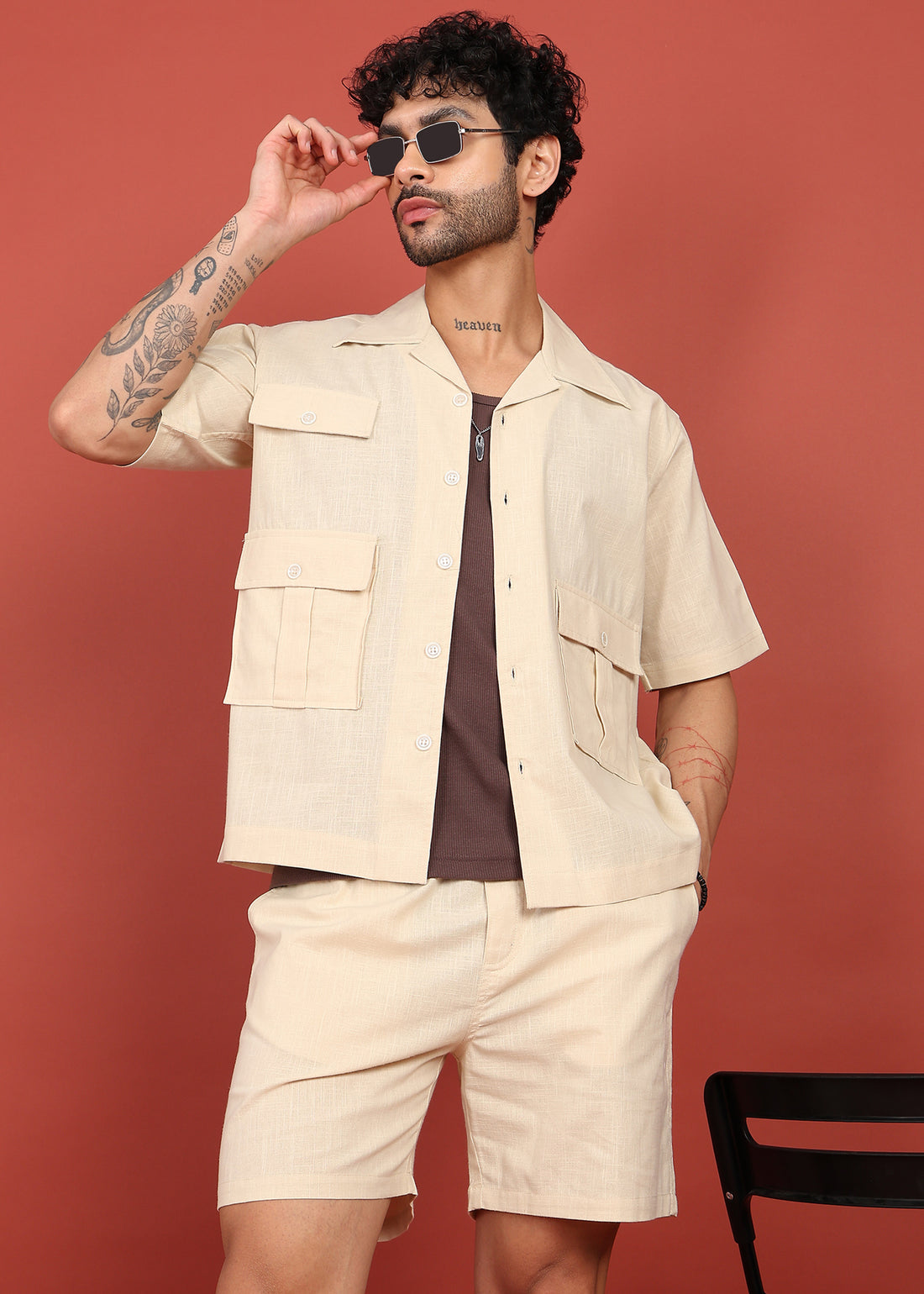 Men Beige Cotton Linen Coort-Set Shorts