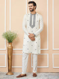 Cream Embroidered Chanderi Silk Straight Kurta Pajama - Fabmade