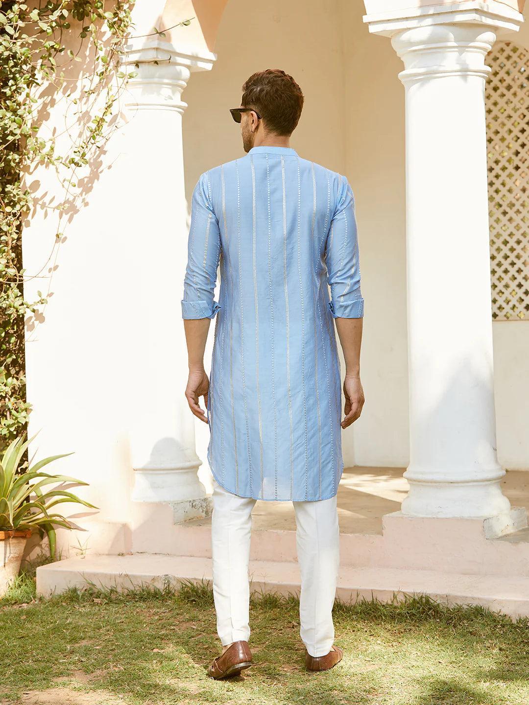 Embroidered Regular Sequinned Chanderi Silk Kurta with Pyjamas - Fabmade