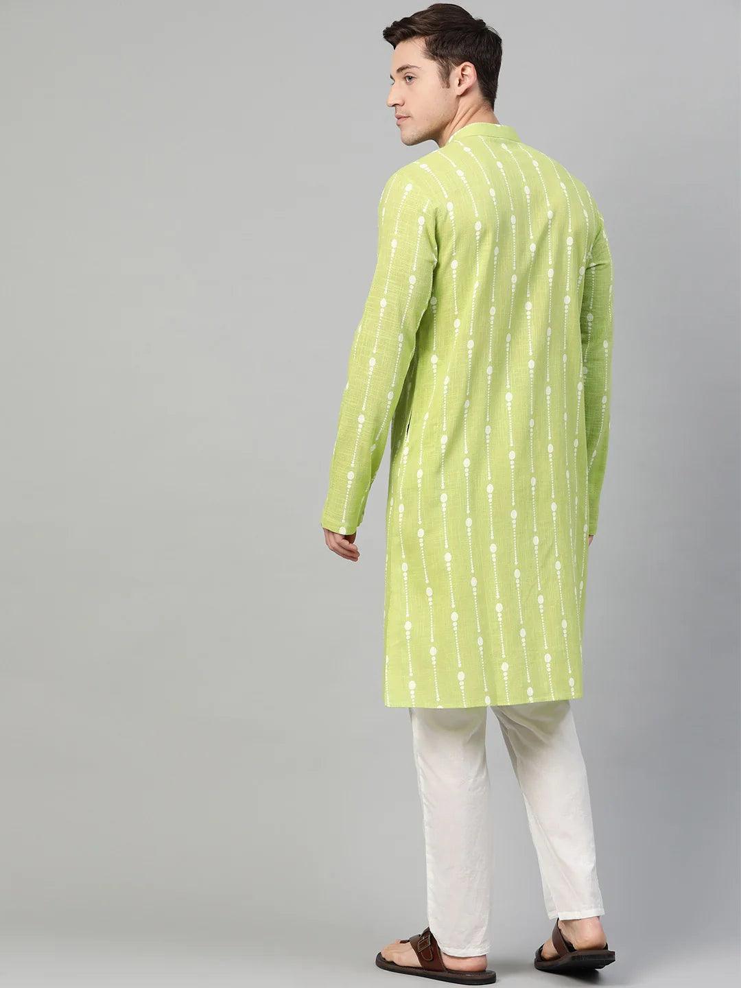 Lime Green and white printed straight kurta - Fabmade