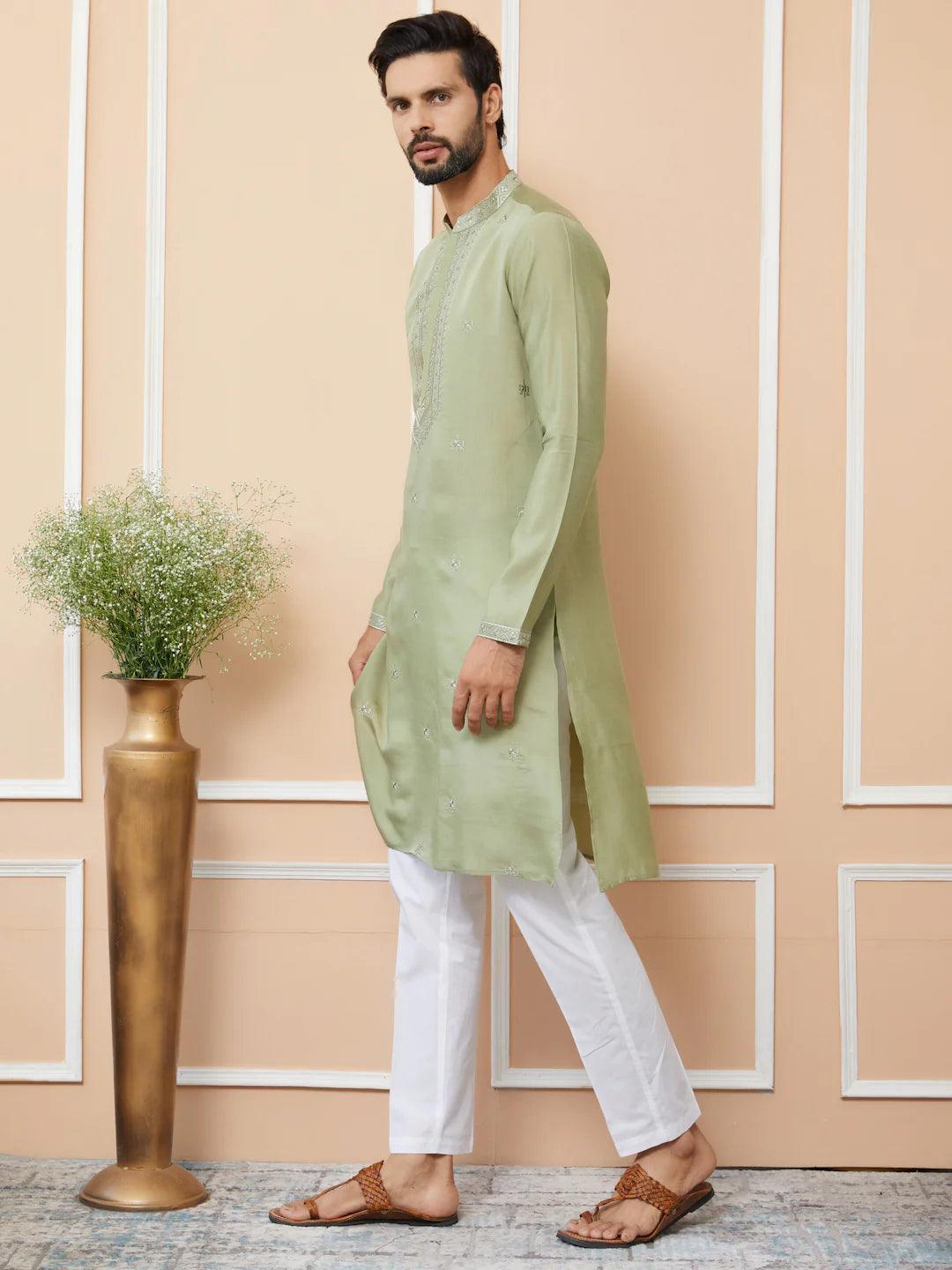 Olive Embroidered Chanderi Silk Straight Kurta Pyjama - Fabmade