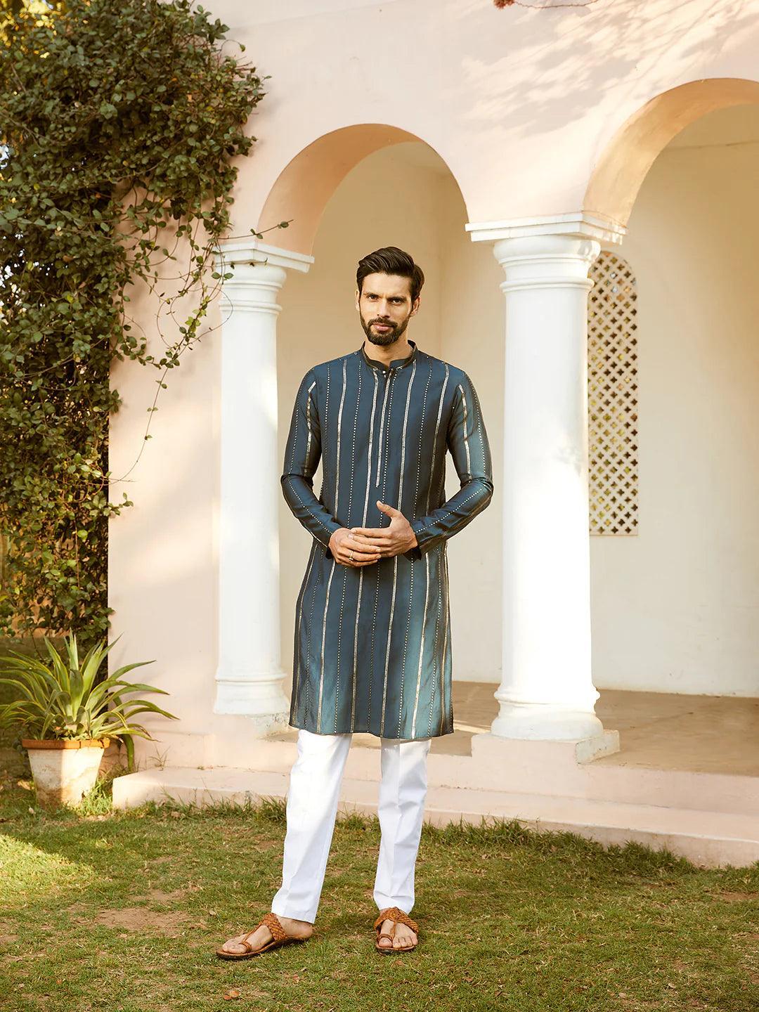 Embroidered Regular Sequinned Chanderi Silk Kurta - Fabmade