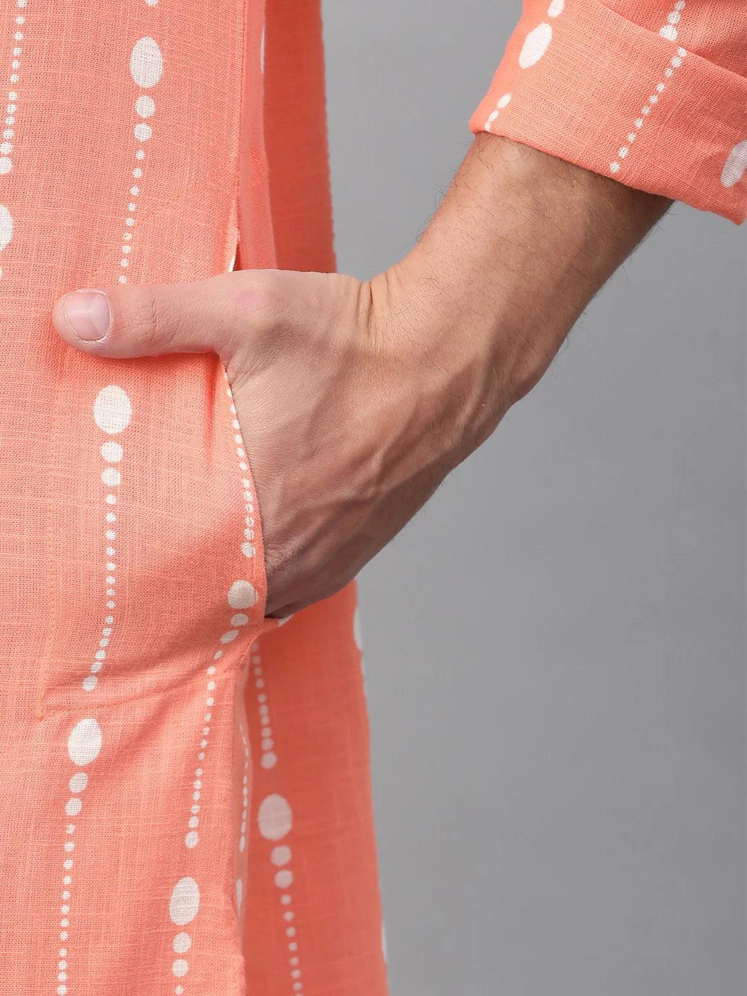 Peach & White Printed Straight Kurta with Pyjama for Men - Fabmade