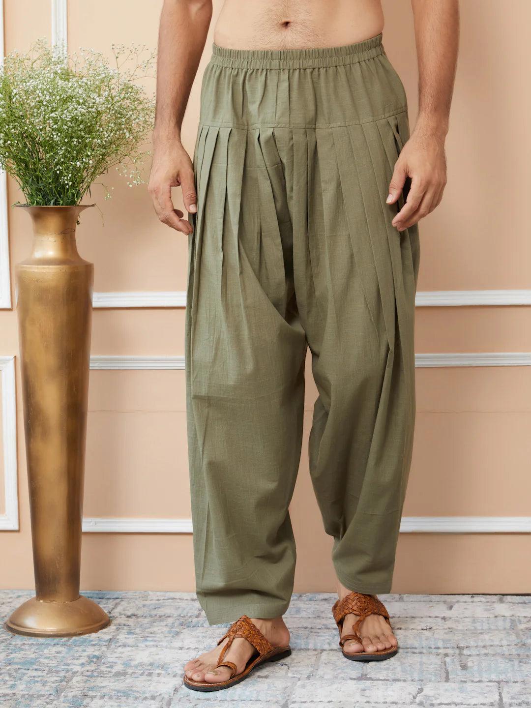 FM - Olive Cotton Linen Pathani kurta with Salwar - Fabmade
