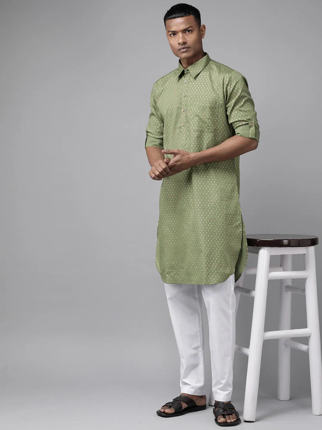 Pure Cotton Olive Green Printed Pathani Kurta Pyjama (Copy) - Fabmade